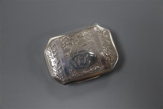 A George III octagonal silver vinaigrette, engraved with monogram and lovebirds, Samuel Pemberton, Birmingham, 1814, 38mm.